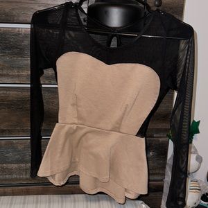 Tan Blouse with Sheer Black Sleeves